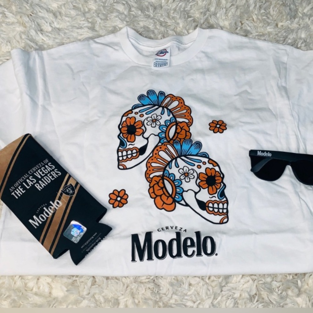 3 Pieces Unisex Modelo x LV Raiders bundle w/white T-shirt & sunglasses & Koozie